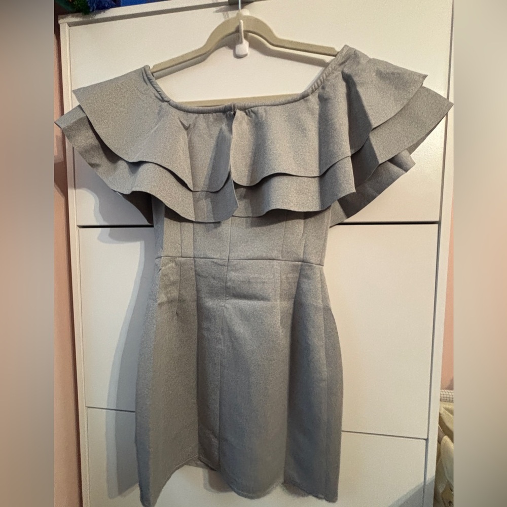Grey Ruffle Mini Dress - Picture 2 of 6